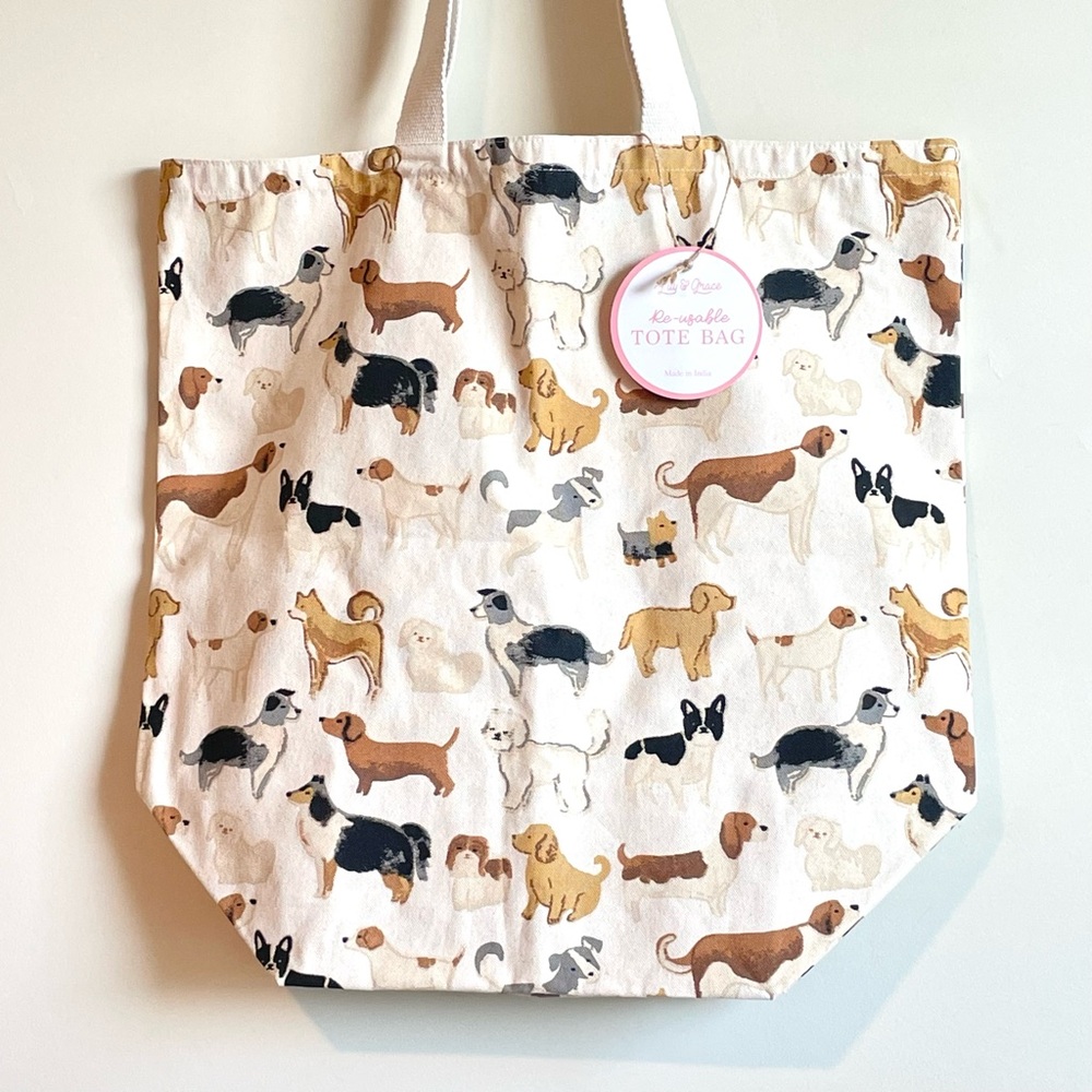 NWT Lily & Grace Dog Print Canvas Tote Shopping Travel Bag 100% Cotton Large